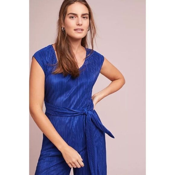 Anthropologie Maeve Sonata Jumpsuit Wide Leg Cropped Pleated Blue Size 4 NWT - Picture 3 of 16